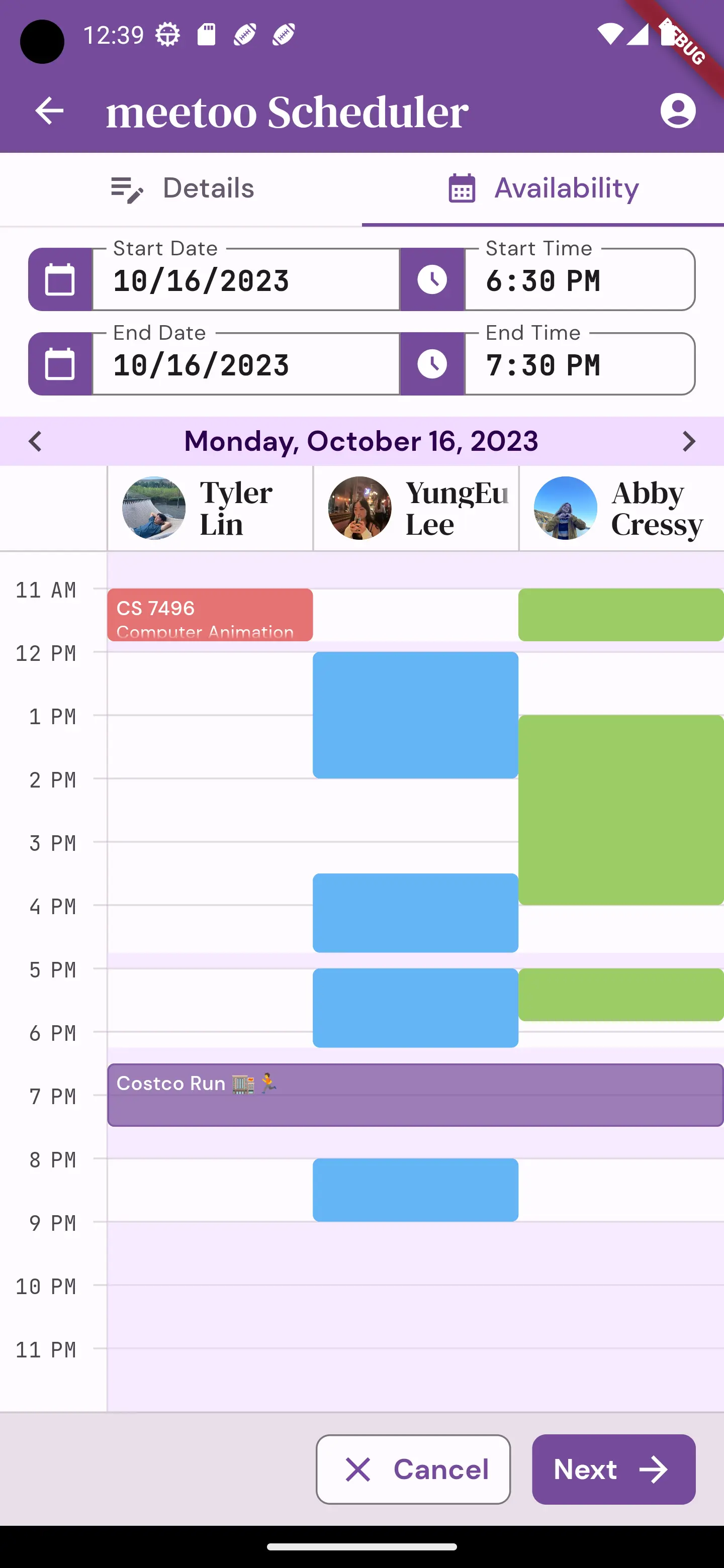 A screenshot of the meetoo scheduler screen