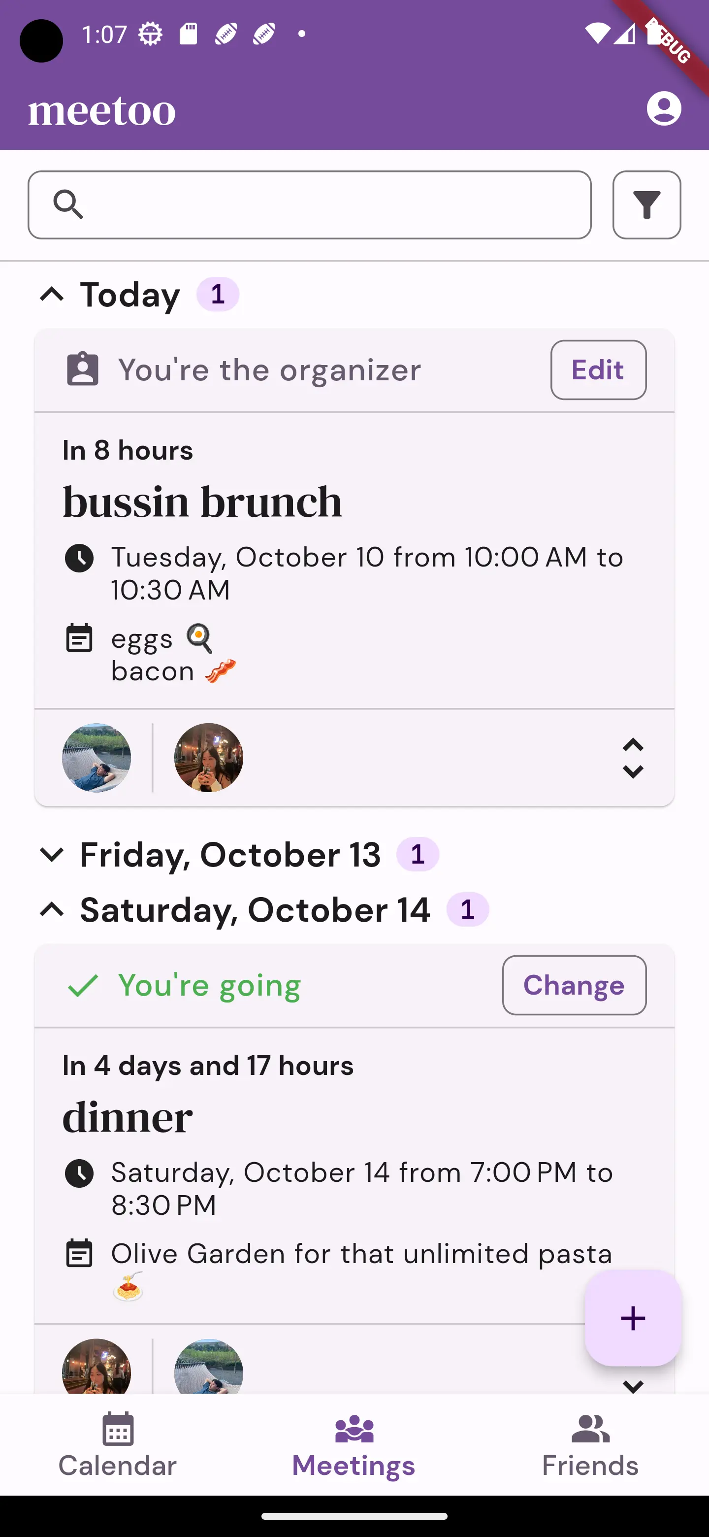 A screenshot of the meetoo meeting timeline on the home screen