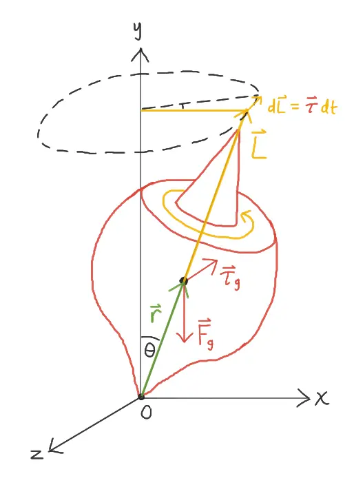 A diagram of a spinning top precessing about the y axis